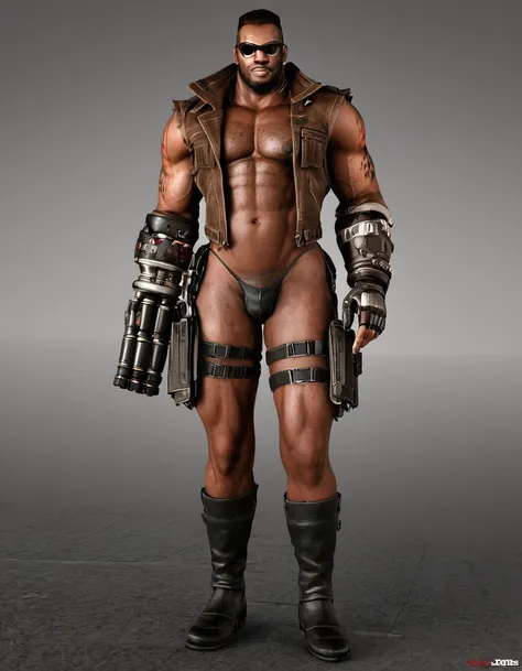 barret, dark skin male with gun arm and tattoo, sunglasses, shirtless , (( Machine G-string )) , full body , black boots