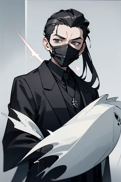 Young man, black hair, slicked back, black coat, black clothes, leather, white mask, skull shaped white mask, ‘x’ cut on white mask, full face covered.
