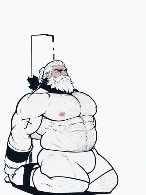 Solo, torso of white bearded shirtless topless old muscular man, his hands chained, gigachad muscular, longand fluffy beard, :: high detail, muscular!, super buff and cool, muscular! white, commission for high res, muscular!!, very buff, white eye brows, s...