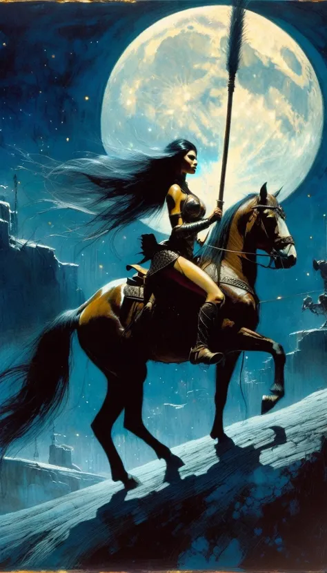 sexy warrior woman riding a horse carrying a wooden pole in one hand, moon night, large landscape (art inspired by Bill Sienkiewicz, intricate details, oil painting)
