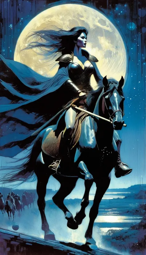 sexy warrior woman riding a horse carrying a wooden pole in one hand, moon night, large landscape (art inspired by Bill Sienkiewicz, intricate details, oil painting)
