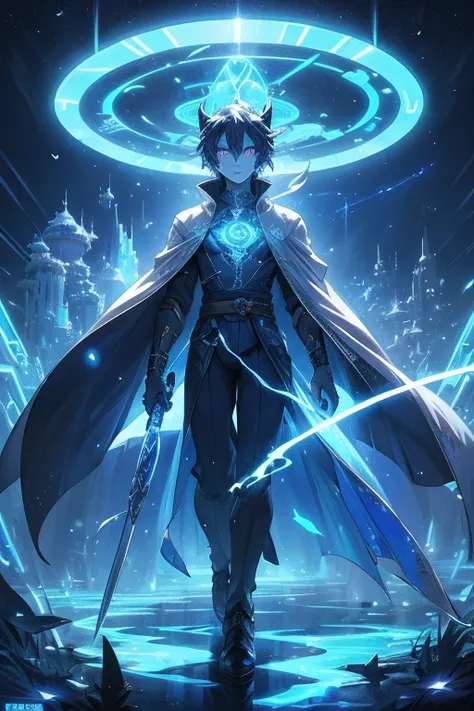 Niji mode.  Full body.  Ethereal sorcerer secret agent, elegant thin suit with fluid luminous white glowing magic circuits, celestial explorer emerging from a portal.  Holding a longsword with glowing magic writings and long handle, glowing tattoos, magic ...