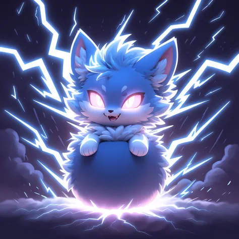 fluffy cute ball of lightning with glowing eyes and sparks and bursts of lightning bolts in a storm