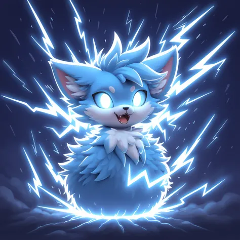 fluffy cute ball of lightning with glowing eyes and sparks and bursts of lightning bolts in a storm