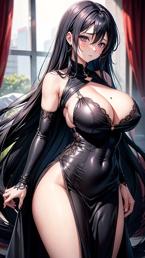 Sexy motherly anime girl with big boobs and sexy figure in black dress with long shiny hairs, beautiful eyes, and a small tattoo on her breast and a mole under her eyes 