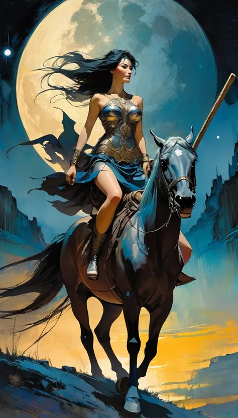 sexy warrior woman riding a horse carrying a wooden pole in one hand, moon night, large landscape (art inspired by Bill Sienkiewicz, intricate details, oil painting)
