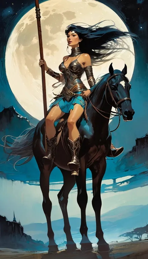 sexy warrior woman riding a horse carrying a wooden pole in one hand, moon night, large landscape (art inspired by Bill Sienkiewicz, intricate details, oil painting)
