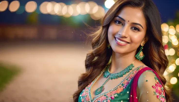 hires headshot photo of a beautiful 25 -year-old desilatte  woman, smiling, embroidered  ethnic dress, dynamic pose, highly text...