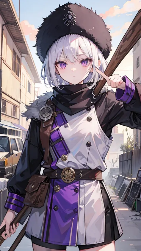 Female, White hair, purple eyes, cool, 148 cm, 18 years, Wooden Stick, short hair, Raider Heavy Armor, Turtles Rusty bracelet, Ushanka Hat2, Tomboy, wasteland