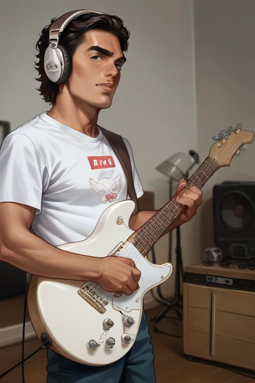 a young man indonesia (realistic),play electric guitar and sing with headphone and use stand mix, with with t-shirt inscribed khansa,at in extra large studio recording inscribed (khansa studio)