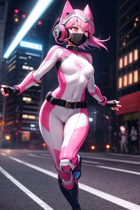 ((best quality)), ((masterpiece)), (detailed), 1 girl, full body, 20s, young adult, masked, black mask covering her entire head, smooth head, biker helmet, biker helmet with blue headphones on the sides, flashlight on her forehead, short pink hair coming o...