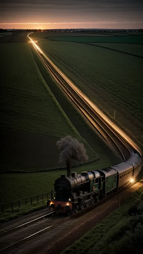 A darkened countryside scene with an old Royal Mail train moving under the cover of night, evoking the secretive atmosphere of the heist.