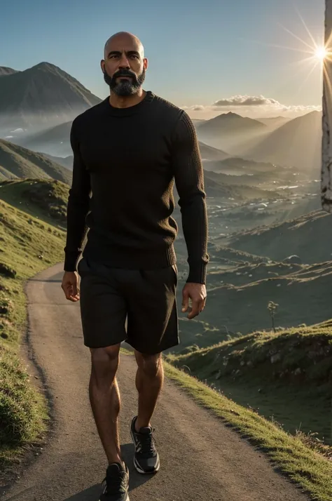 A high profile man, light brown skin, bald man with black beard, serious attitude, black dress, long sleeve black sweater, with shorts and muscular and hairy legs,  with a lost look. Walking on a green mountain watching the sunrise, the sky is beautiful bl...