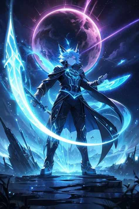 Niji mode.  Full body.  Ethereal sorcerer secret agent, elegant thin suit with fluid luminous white glowing magic circuits, celestial explorer emerging from a portal.  Holding a longsword with glowing magic writings and long handle, glowing tattoos, magic ...