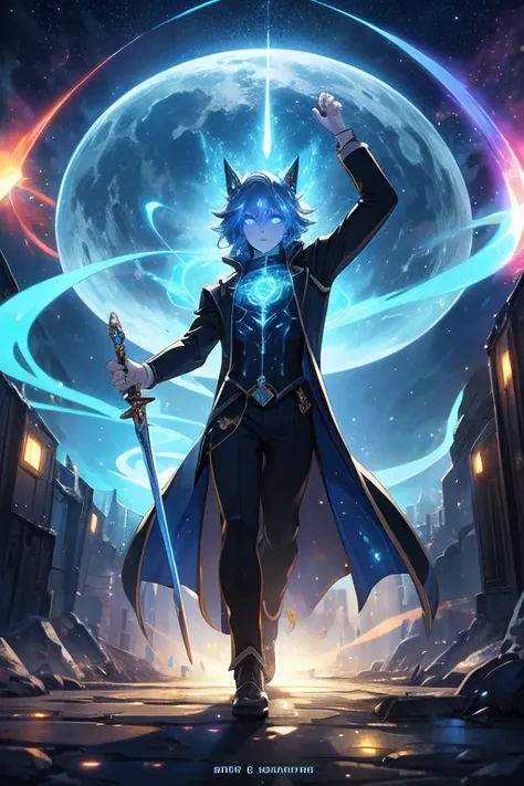 Niji mode.  Full body.  Ethereal sorcerer secret agent, elegant thin suit with fluid luminous white glowing magic circuits, celestial explorer emerging from a portal.  Holding a longsword with glowing magic writings and long handle, glowing tattoos, magic ...