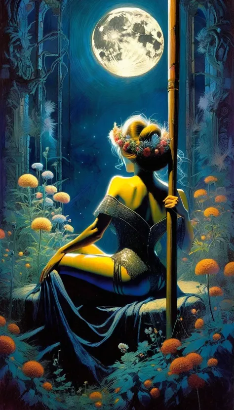 sexy queen, sitting on her throne, among flowers, carrying a wooden pole in one hand, we see through the moonlit night window, great landscape (art inspired by Bill Sienkiewicz, intricate details, oil painting)
