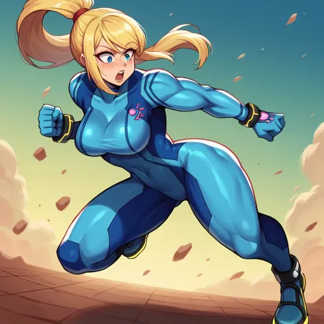 masterpiece, best quality, 1girl, (neoartcore:0.25), high quality cg defsamus, blonde hair, bodysuit, blue clothes, blue gloves,...