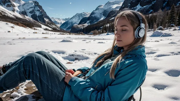 a beautiful nordic woman in tranquility in the mountains, using headphones in meditation and relaxation