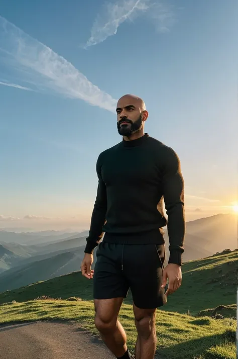 A high profile man, light brown skin, bald man with black beard, serious attitude, black dress, long sleeve black sweater, with shorts and muscular and hairy legs,  with a lost look. Walking on a green mountain watching the sunrise, the sky is beautiful bl...