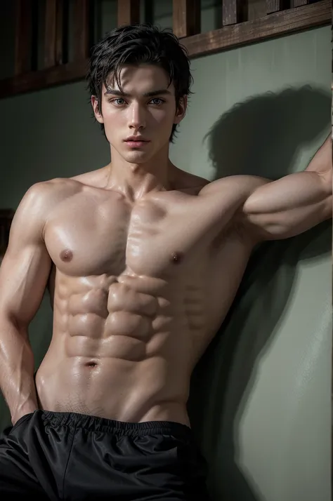 shirtless man, tall and fit, with short black hair, green eyes, while sexy modeling in different places and different positions.