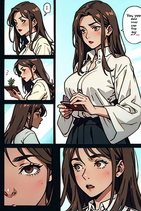 mature women with long brown hair with lipstick , gentle eyes, holding herbs and meditating shocked , manga page with panels and...