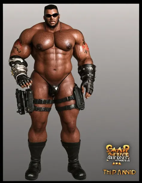 barret, dark skin male with gun dildo arm and tattoo, sunglasses, shirtless ,  (( micro-thong:_Pattern_designs_thongs_perspire_massive pec_Get wet all over your body)) , full body , black boots