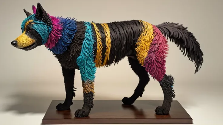 A detailed, abstract, ethereal sculpture of a [dog] made entirely of various colored gradient [feathers], aesthetically arranged to shape its features, creating a textured, vibrant, and intricate look against a simple, neutral background in an ultra-realis...