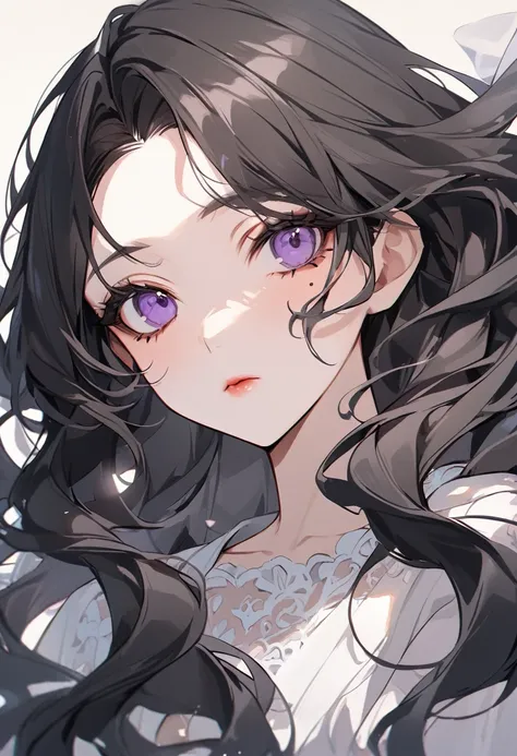 BREAK Perfect Anatomy、Highest quality、(cute:1.1)、(cute)、(High resolution:1.2)、Unbelievably absurd:1.3、Incredible illustrations、(cuteイラスト:1.2)、Beautiful background、1gial(Black Hair、strong wavy hair、lipstick、mole under eye,）（expressionless）closeup-face