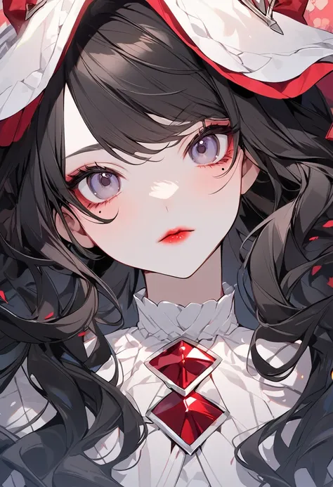 BREAK Perfect Anatomy、Highest quality、(cute:1.1)、(cute)、(High resolution:1.2)、Unbelievably absurd:1.3、Incredible illustrations、(cuteイラスト:1.2)、Beautiful background、1gial(Black Hair、strong wavy hair、lipstick、mole under eye,）（expressionless）closeup-face