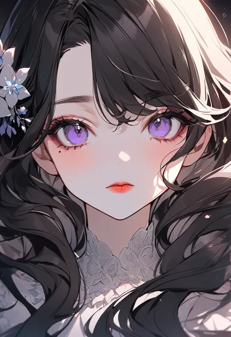 BREAK Perfect Anatomy、Highest quality、(cute:1.1)、(cute)、(High resolution:1.2)、Unbelievably absurd:1.3、Incredible illustrations、(cuteイラスト:1.2)、Beautiful background、1gial(Black Hair、strong wavy hair、lipstick、mole under eye,）（expressionless）closeup-face