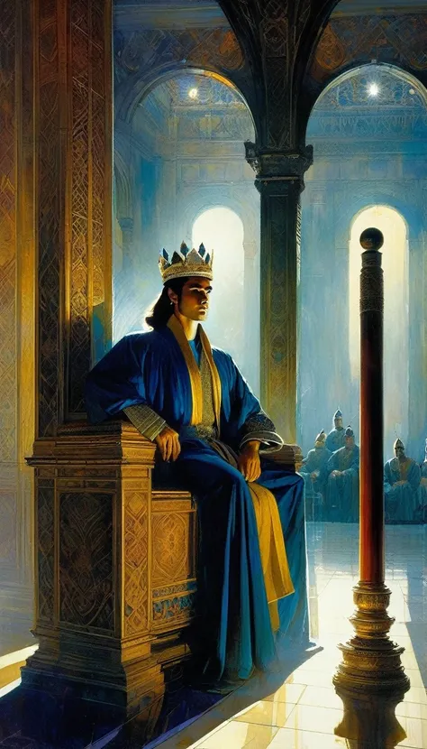 a young Charismatic and attractive king sitting on his throne, great hall of the palace, carrying a wooden pole in one hand, we see through the moonlit window, large landscape (art inspired by Bill Sienkiewicz, intricate details, oil painting)
