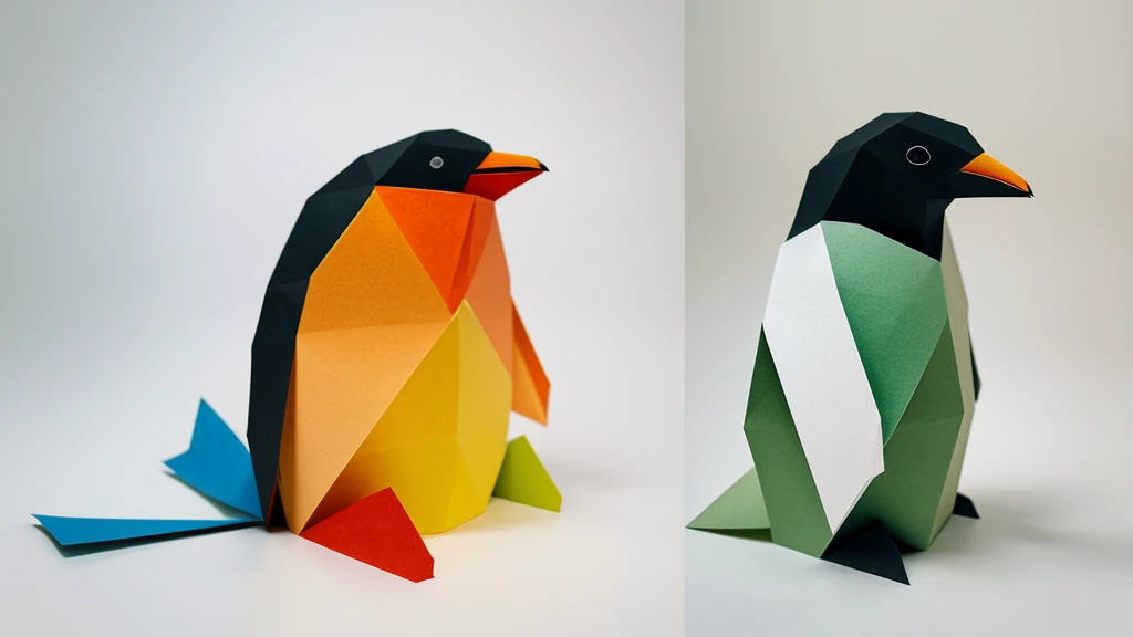 A detailed, abstract, ethereal sculpture of a [penguin] made entirely of various colored gradient [paper], aesthetically arranged to shape its features, creating a textured, vibrant, and intricate look against a simple, neutral background in an ultra-reali...