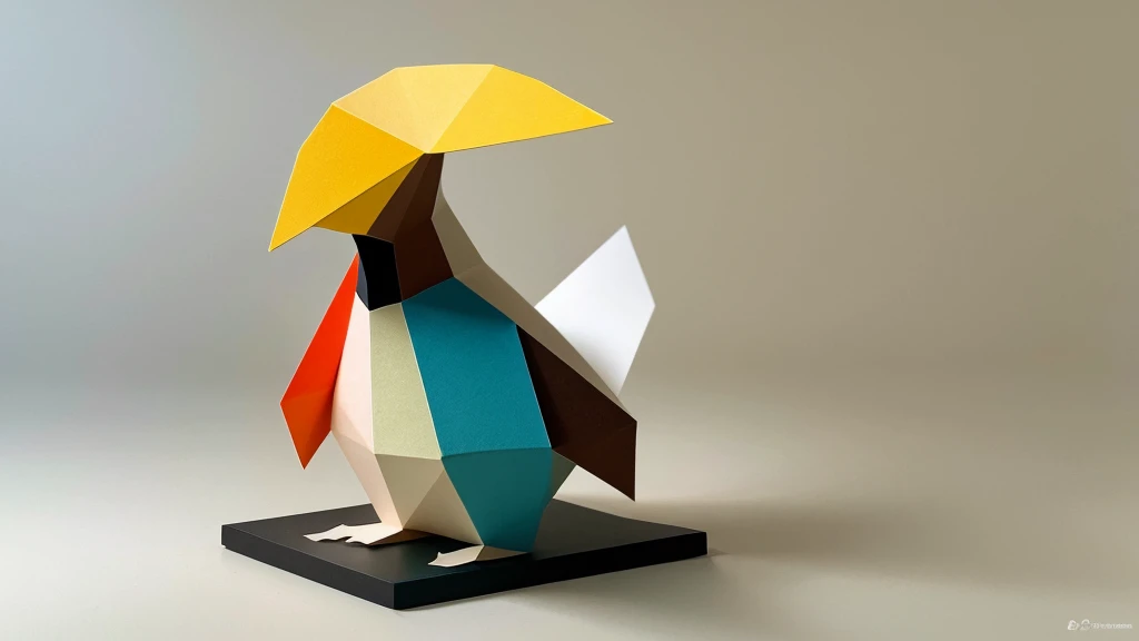 A detailed, abstract, ethereal sculpture of a [penguin] made entirely of various colored gradient [paper], aesthetically arranged to shape its features, creating a textured, vibrant, and intricate look against a simple, neutral background in an ultra-reali...