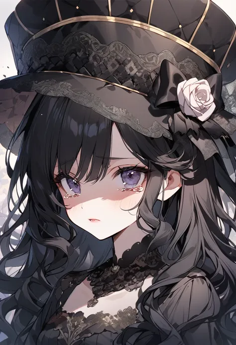 BREAK Perfect Anatomy、Highest quality、(cute:1.1)、(cute)、(High resolution:1.2)、Unbelievably absurd:1.3、Incredible illustrations、(cuteイラスト:1.2)、Beautiful background、1gial(Black Hair、strong wavy hair、lipstick、Tears）（Black veiled hat、Black Dress）（expressionles...