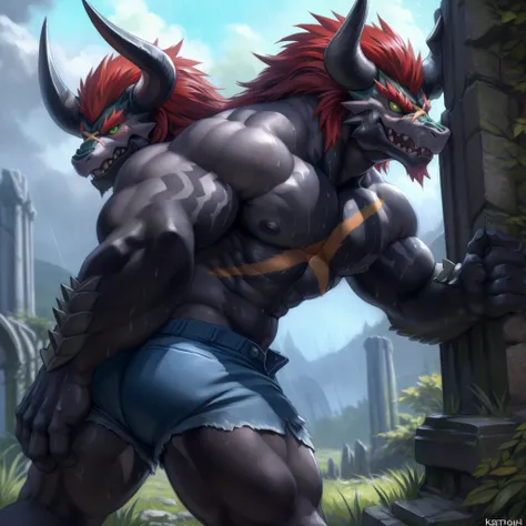 solo, breath (ultra detailed), a beautiful and detailed full size portrait of a male anthro batzz, demon lord dragon batzz, dragon tail, green eyes, glowing eyes, black body, black skin, long hair, red hair, horns, scar, tail, bedroom eyes, detailed eyes, ...