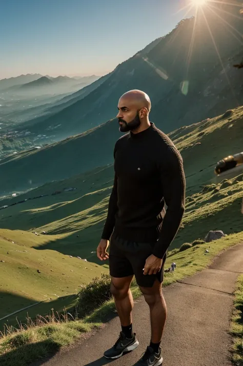 A high profile man, light brown skin, bald man with black beard, serious attitude, black dress, long sleeve black sweater, with shorts and muscular and hairy legs,  with a lost look. Walking on a green mountain watching the sunrise, the sky is beautiful bl...