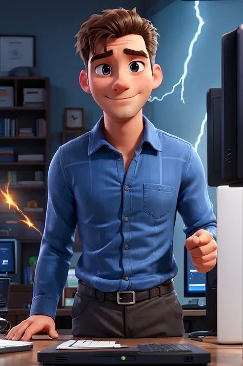 man releasing lightning from his hands towards a desktop computer 