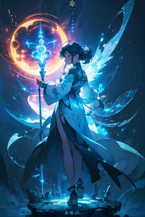 Niji mode.  Full body.  Ethereal sorcerer secret agent, elegant thin suit with fluid luminous white glowing magic circuits, celestial explorer emerging from a portal.  Holding a longsword with glowing magic writings and long handle, glowing tattoos, magic ...