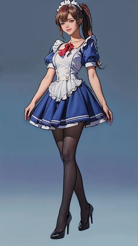 ((masterpiece)),(((Highest quality))),((Character design sheet)),Thin thighs,Long legs,Bunny girl in a light blue maid outfit:1.5，Wearing light blue tights:1.5，The best smile:1.5，Full Body Shot:1.5，Gray background:1.5，Wearing black high heels:1.5，short sid...