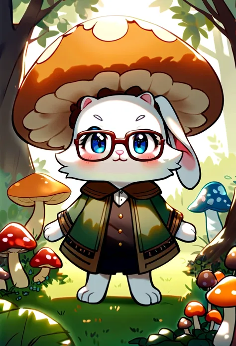 adorable creature，Similar to a mixture of rabbit and carrot, lovable, adorable, furry, fluffy, woods, Mushrooms, Wear a mushroom hat, with glasses