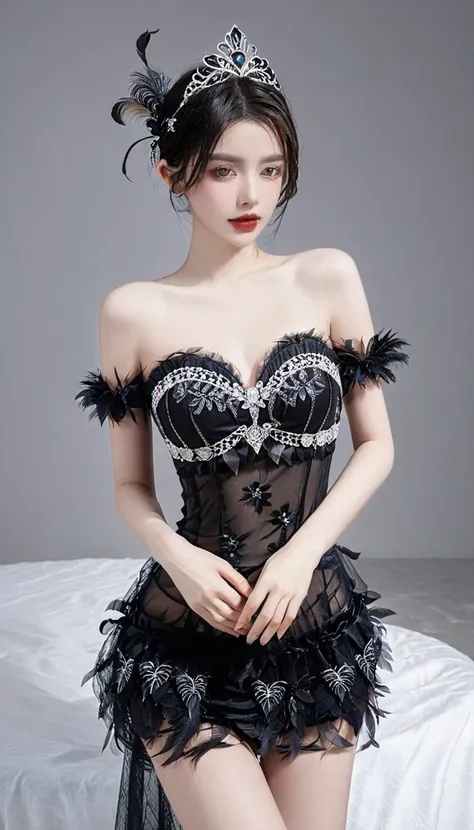 ((night)), midnight black glamorous evening dress, intricate lace pattern decorated with masquerade masks and feathers. this dre...