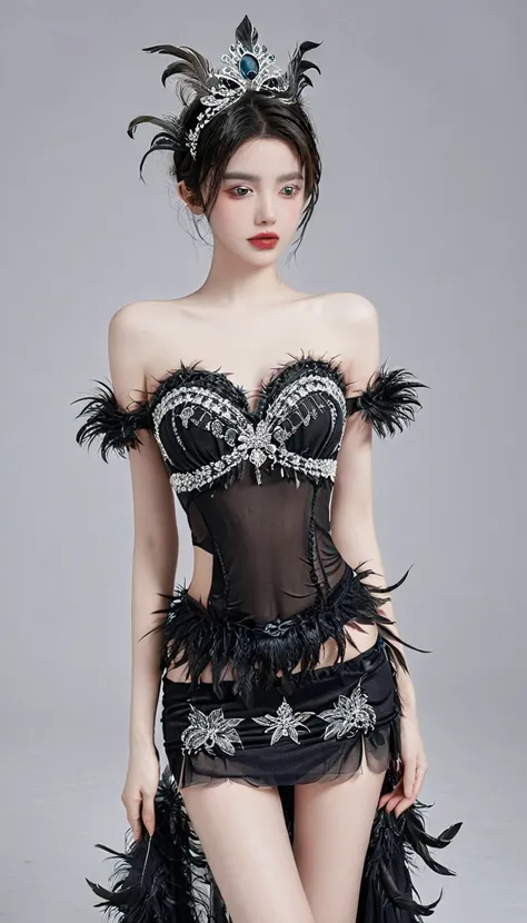 ((night)), Midnight black glamorous evening dress, Intricate lace pattern decorated with masquerade masks and feathers. This dress features an off-the-shoulder design and a mermaid silhouette. Tiny, Luminous mask embedded in lace, Add mystery, Charming tou...