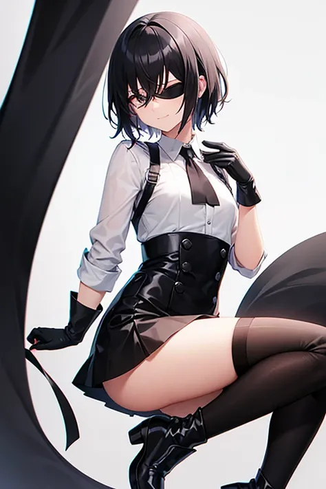 Women, black blindfolds, small smile, White shirt, short black skirt, metallic boots, black knuckleless gloves, short black hair.