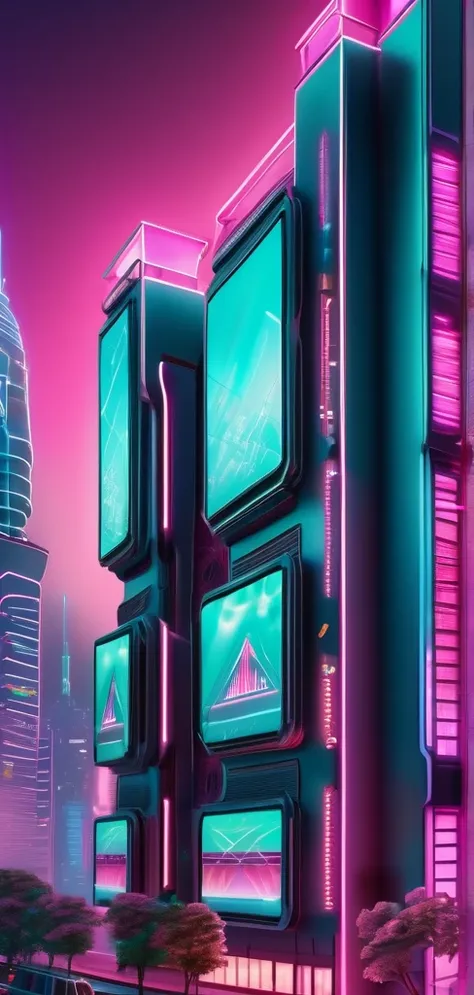 ((masterpiece, better quality)),illustration,ultra detailed 8k,photorealistic,sharp focus,very detailed,professional lighting,colorful details,iridescent lights, cyber city, neon lights, pink and teal colors