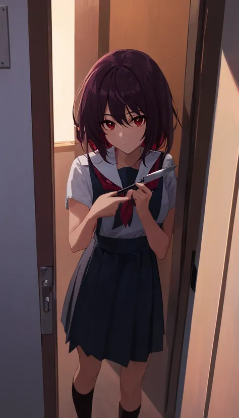 yandere woman, student aesthetics, with a knife in his hand, is standing in front of the door, It&#39;s yandere.