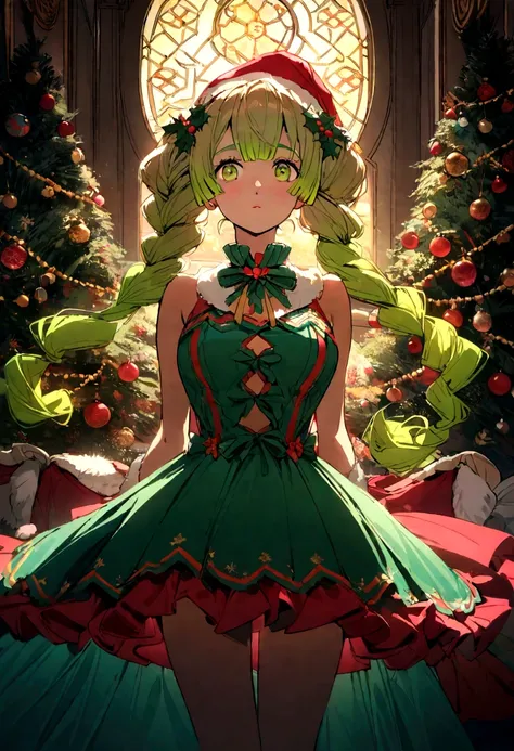 Mitsuri Kanroji with a short mama clous dress with a Christmas style in the background 