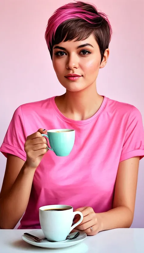 create a woman with pixie cut hair ,with pink shirt , with a cup of coffee ,Masterpiece, estilo illustration de Ali Erturk, high detail, hyperrealistic, natural light,illustration , Bright colors
