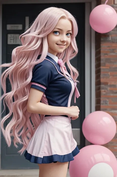 Screenshot of my hero academia.
Girl with long wavy white hair and pink bottom.
She has pastel pink eyes and has a happy expression. He is wearing the UA uniform and in the background he has a UA school class