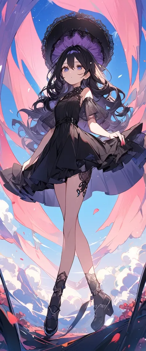 BREAK Perfect Anatomy、Highest quality、(cute:1.1)、(cute)、(High resolution:1.2)、Unbelievably absurd:1.3、Incredible illustrations、(cuteイラスト:1.2)、（Beautiful background、blue sky）、1gial(Black Hair、strong wavy hair、lipstick、mole under eye）（Black veiled hat、Black ...