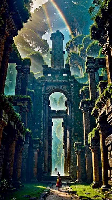 with high definition images，a breathtaking site in a mystical realm where ancient ruins lie buried amid vibrant foliage and crys...